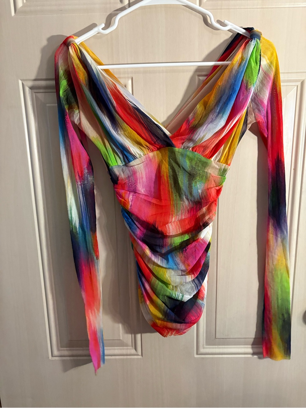 Fuzzi Women’s size SMALL Painterly Colorful Vibrant Abstract Ruched Mesh Blouse